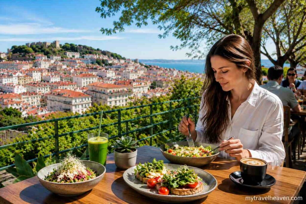 Woman enjoying vegan food at a scenic outdoor café in Lisbon with panoramic city views, greenery, and sunny Mediterranean surroundings.