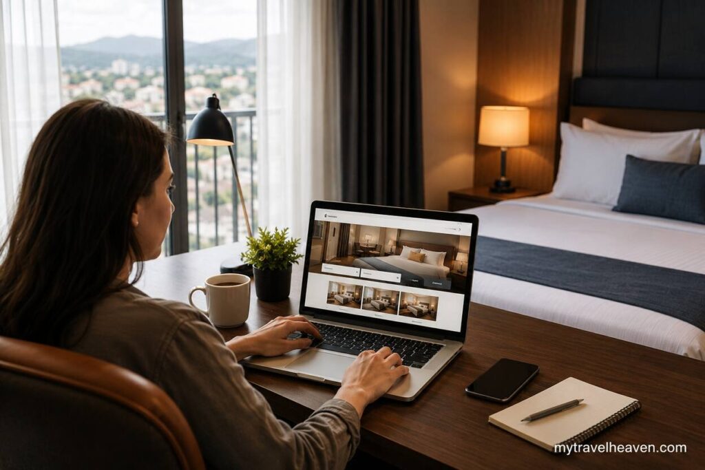 A traveler booking a hotel room directly through a hotel website on a laptop while sitting in a modern hotel room with a city view.