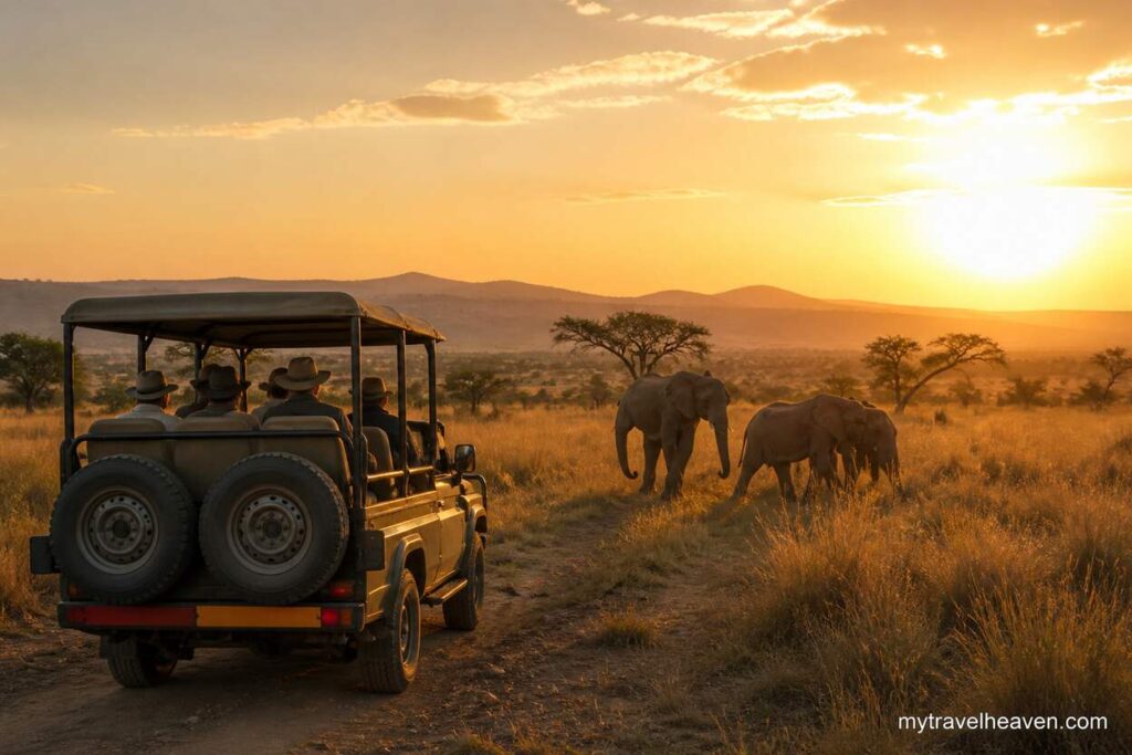 Safari jeep observing elephants in the African savanna during a golden sunset with warm tones and distant hills.