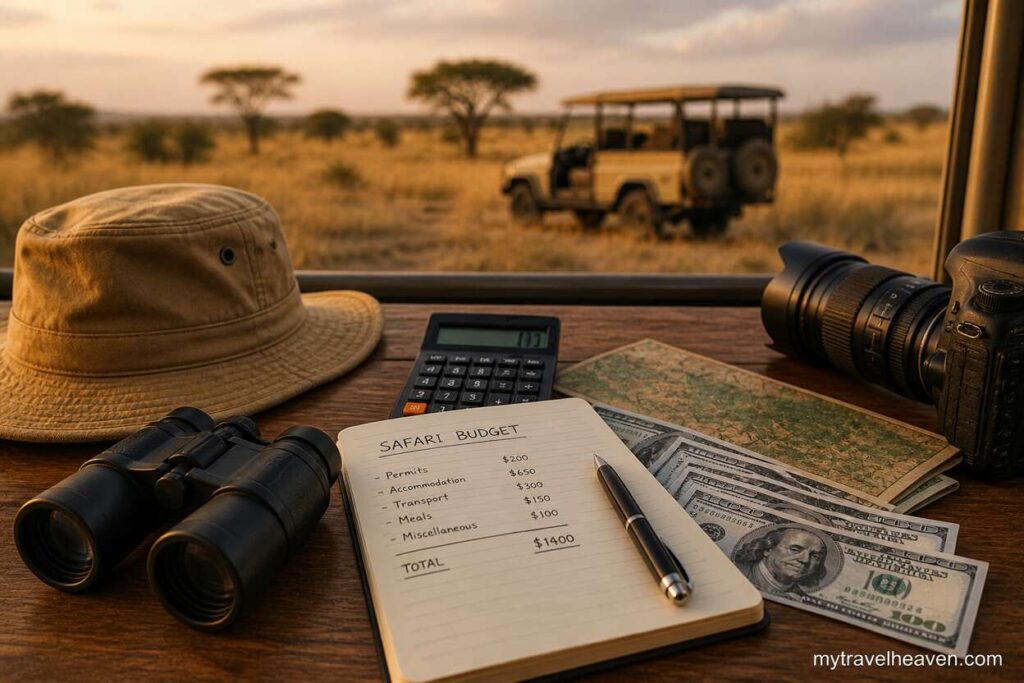 Safari travel budget planning scene with notebook, cash, calculator, camera, and safari gear overlooking the savanna.