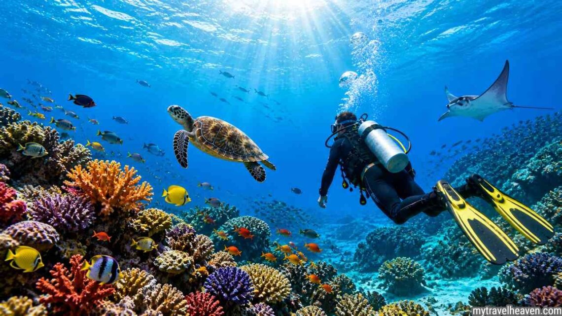 Scuba diver exploring colorful coral reef with marine life in clear ocean water.