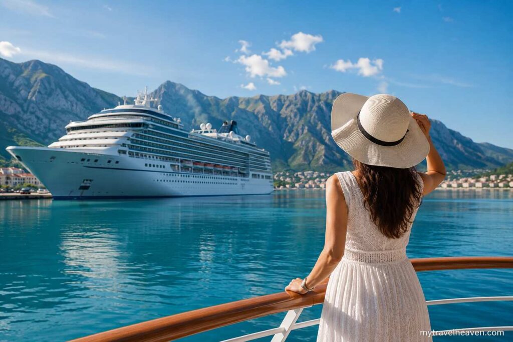 Luxury cruise ship sailing through turquoise waters near scenic mountains while a woman in a white dress and sun hat enjoys the ocean view from the deck.