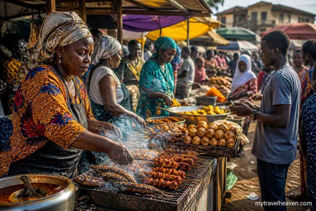 Busy African street food market with vendors grilling skewers and fish while customers gather around colorful stalls in a lively outdoor setting.