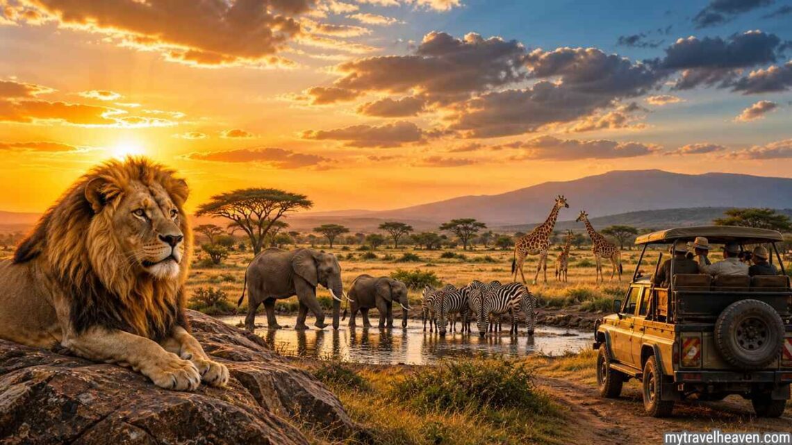 African safari with lion, elephants, and jeep at sunset.