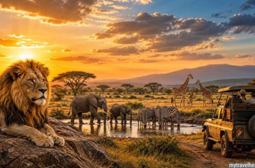 African safari with lion, elephants, and jeep at sunset.