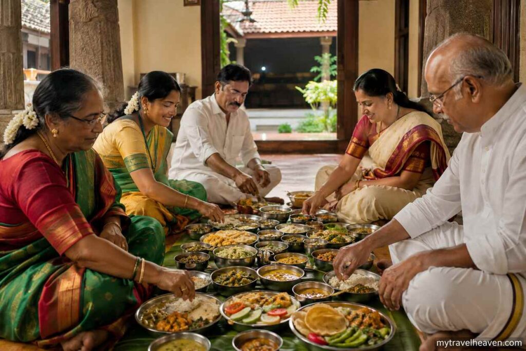 Traditional Indian family enjoying a vegetarian meal together in a heritage-style home with authentic Indian dishes and cultural ambiance.