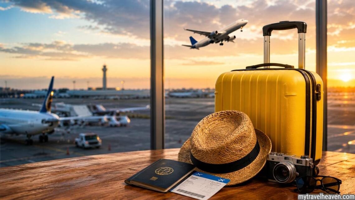 Tips to save on last-minute travel deals with luggage and airport background.