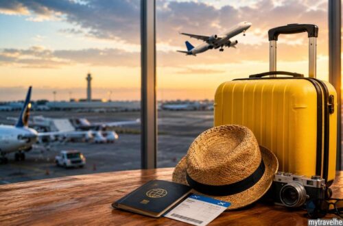 Tips to save on last-minute travel deals with luggage and airport background.