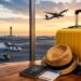Tips to save on last-minute travel deals with luggage and airport background.
