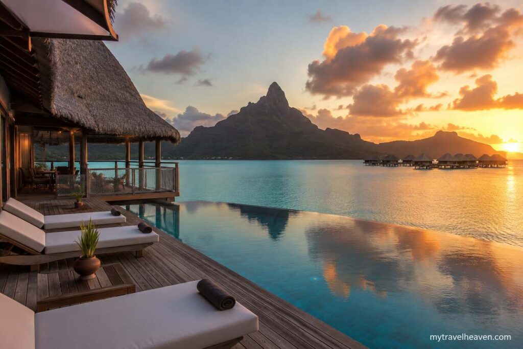 Luxury tropical resort with an infinity pool overlooking turquoise ocean water, mountain scenery, and overwater villas during a golden sunset.