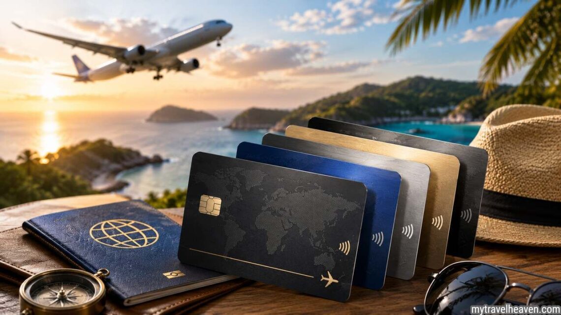 Best travel rewards credit cards in 2026 with airplane and passport.