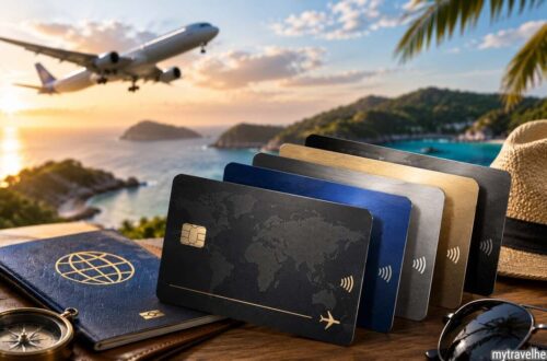 Best travel rewards credit cards in 2026 with airplane and passport.