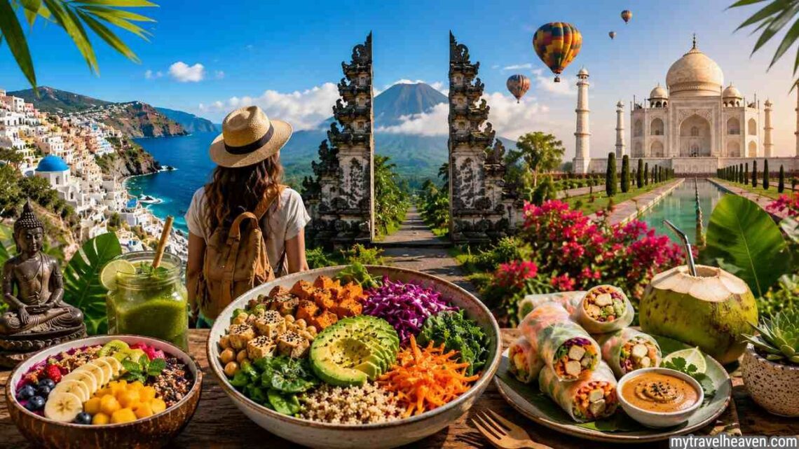 Top vegetarian and vegan travel destinations with plant-based food and cultural travel scenery.