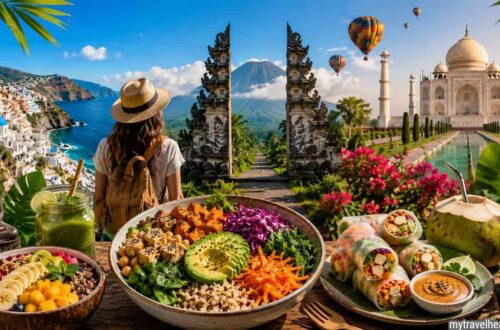Top vegetarian and vegan travel destinations with plant-based food and cultural travel scenery.