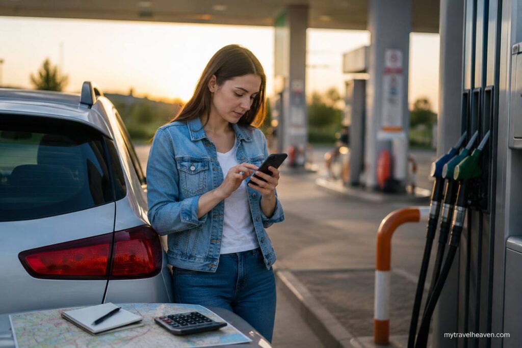 Woman standing beside a car at a gas station using a smartphone to plan fuel stops and travel expenses, with a road map, calculator, and notepad placed on the vehicle during a long-distance road trip.
