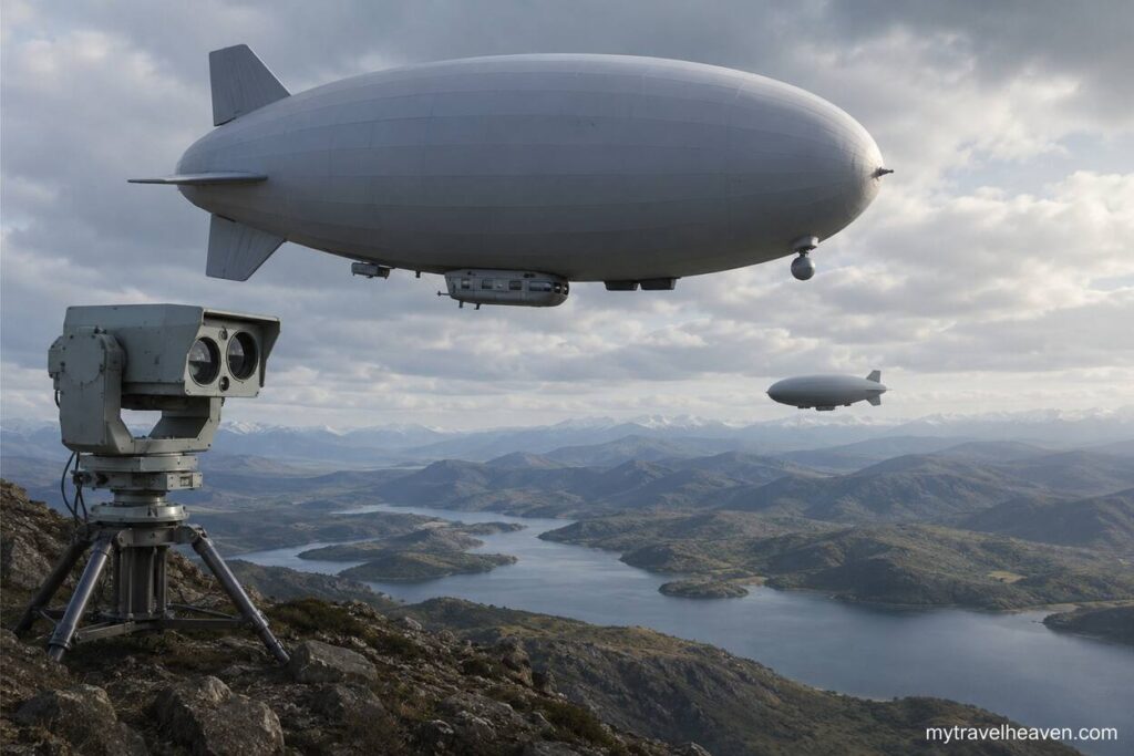 Military surveillance airships flying over a vast mountain landscape with a ground-based monitoring station overlooking rivers and valleys under a cloudy sky, featuring the mytravelheaven.com watermark in the corner.