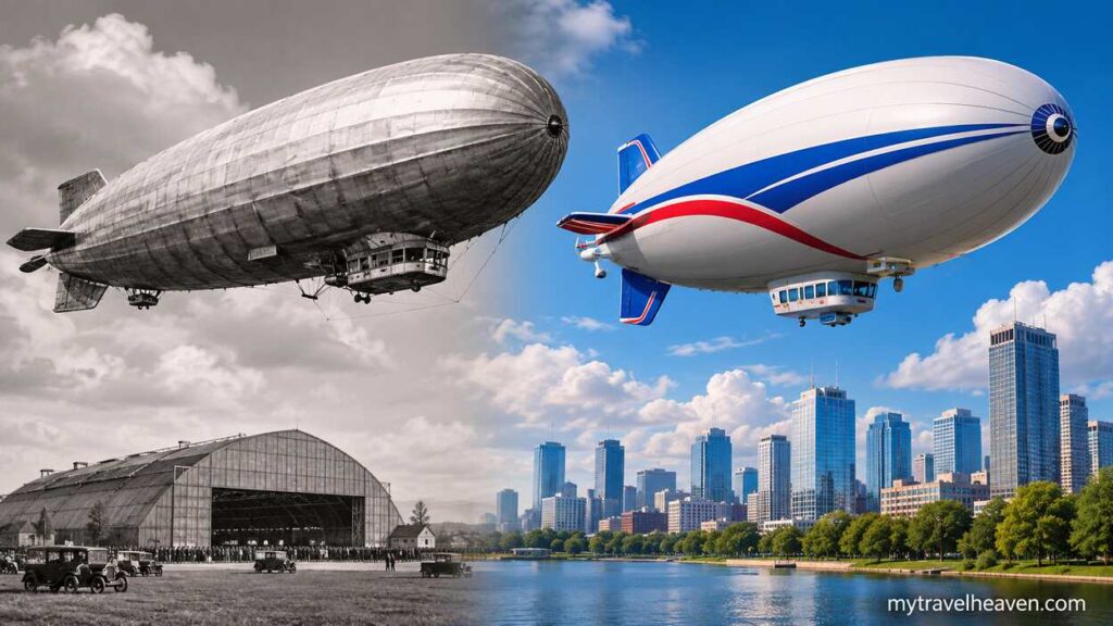 Comparison of a historical zeppelin and a modern blimp flying in a split-screen landscape, highlighting the evolution of airship design from the early 20th century to the present day, with mytravelheaven.com displayed in the bottom-right corner.