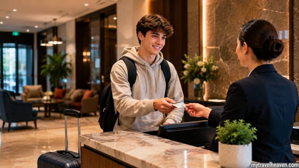 Young traveler checking into a hotel while meeting hotel age requirements.