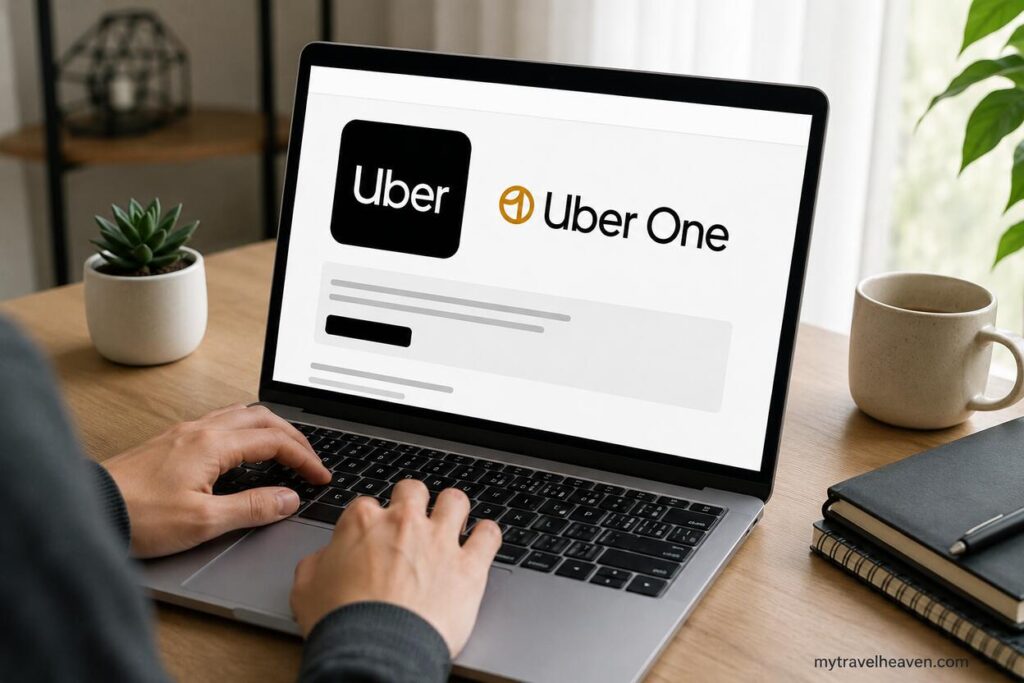 Person using a laptop to manage an Uber account through a web browser, viewing a subscription settings page in a modern workspace, illustrating the process of canceling Uber One membership online. The website name "mytravelheaven.com" appears in the bottom-right corner.