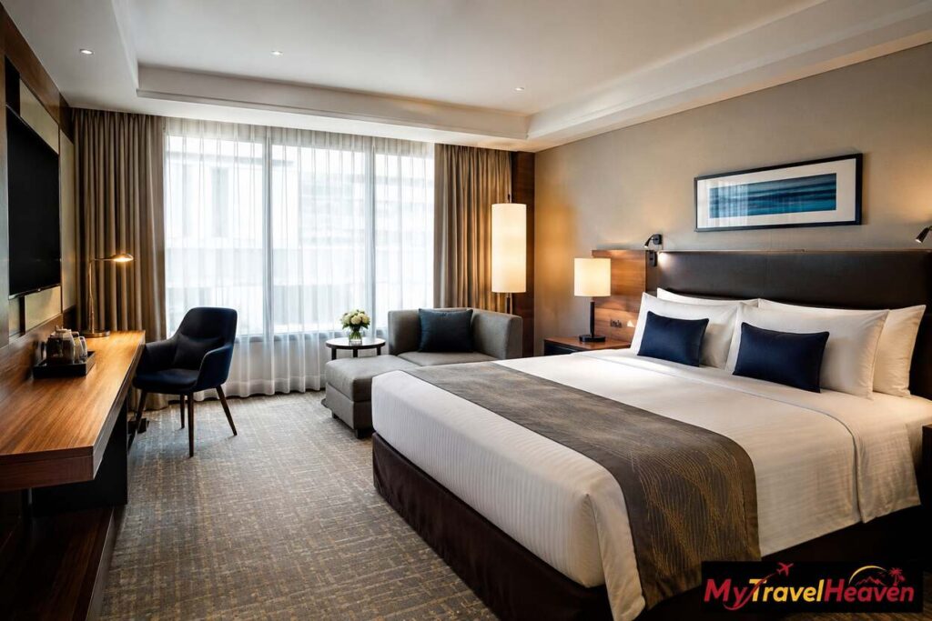 Modern hotel room interior showcasing a comfortable king bed, seating area, and workspace, with the MyTravelHeaven logo in the bottom-right corner.
