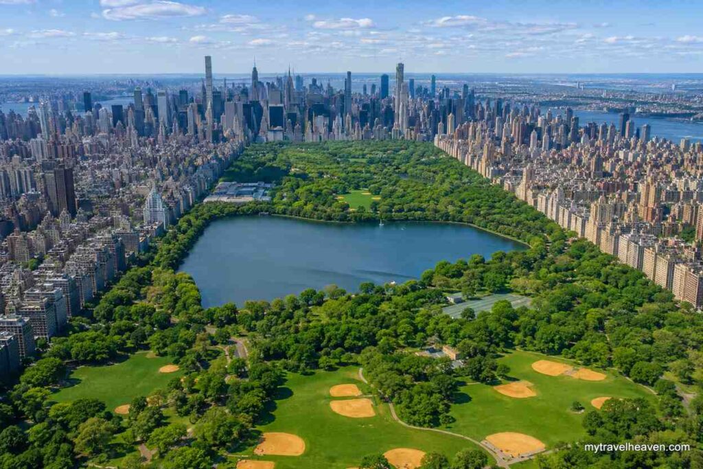 Aerial view of Central Park surrounded by Manhattan skyscrapers, highlighting the park's large green space within New York City.