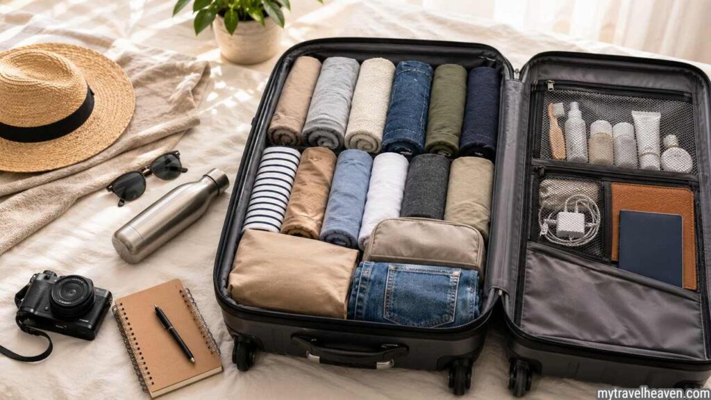 How to Pack a Suitcase Efficiently: A Step-by-Step Guide for Organized Travel Efficiently packed suitcase with neatly rolled clothes and travel essentials for organized travel.