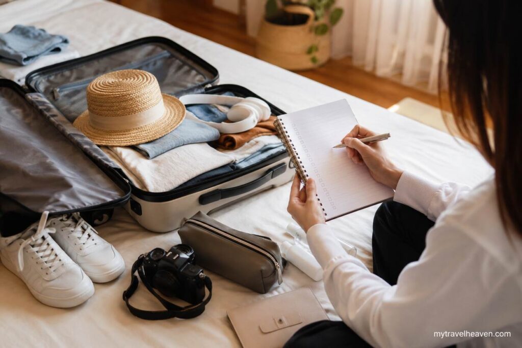 Traveler creating a packing checklist beside an open suitcase filled with neatly organized clothes and travel essentials before a trip.