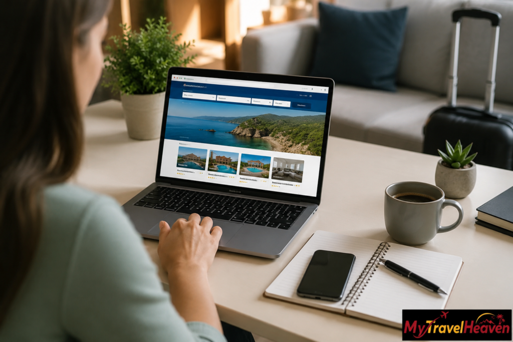 Person using a laptop to compare travel booking platforms while planning a vacation from a modern home workspace.