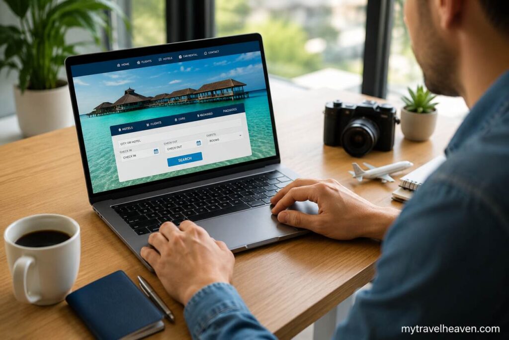Person booking a hotel online using a travel reservation website on a laptop.