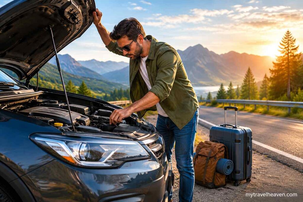 Man inspecting a car engine on a scenic mountain road before a long-distance trip, with luggage nearby and the website name mytravelheaven.com displayed in the bottom-right corner.