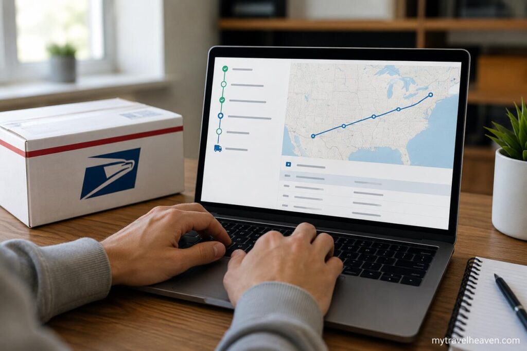 Person tracking a USPS package on a laptop using delivery performance and route monitoring tools, with a shipping box on a desk in a modern home office.