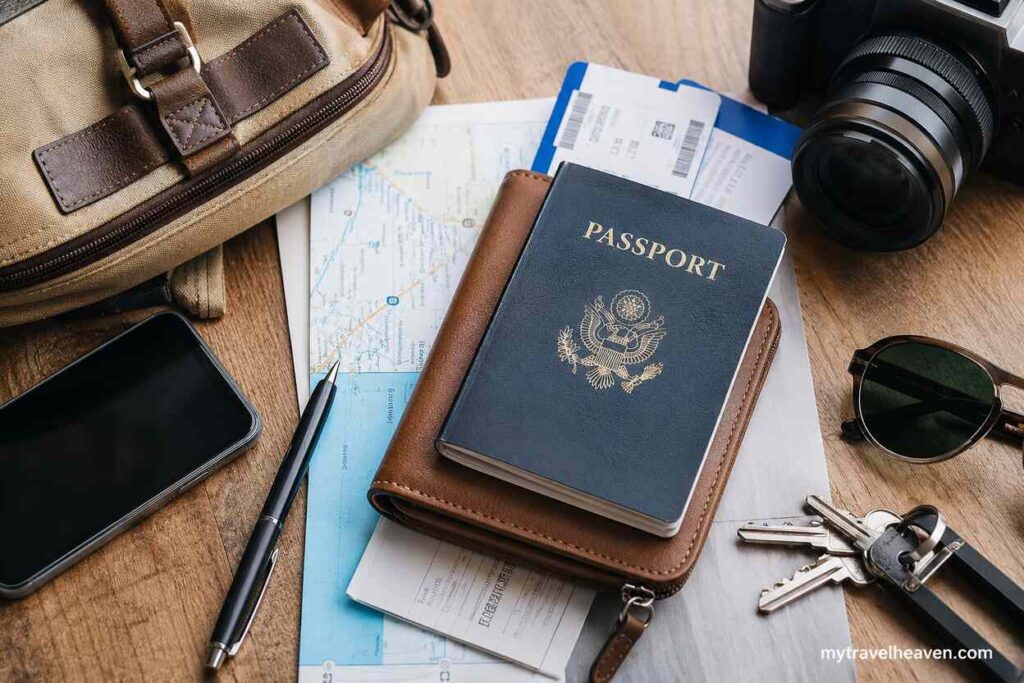 Travel essentials neatly arranged on a wooden table, including a passport, travel wallet, boarding pass, smartphone, camera, sunglasses, keys, and travel bag, representing secure organization of important travel documents before a trip.