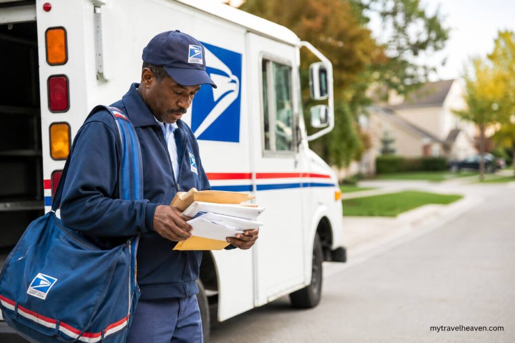 USPS mail carrier reviewing mail and packages beside a delivery truck in a suburban neighborhood while preparing a delivery route.
