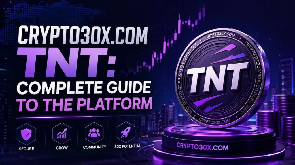 Crypto30x.com TNT guide featured image with a futuristic TNT crypto coin, financial charts, and a digital city skyline.