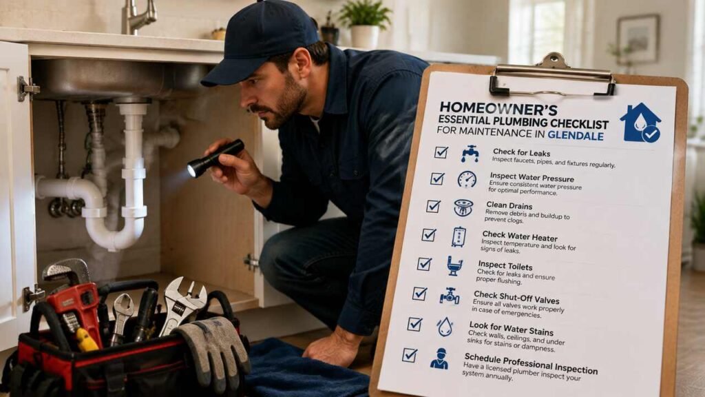 Plumber inspecting pipes with homeowner plumbing maintenance checklist.