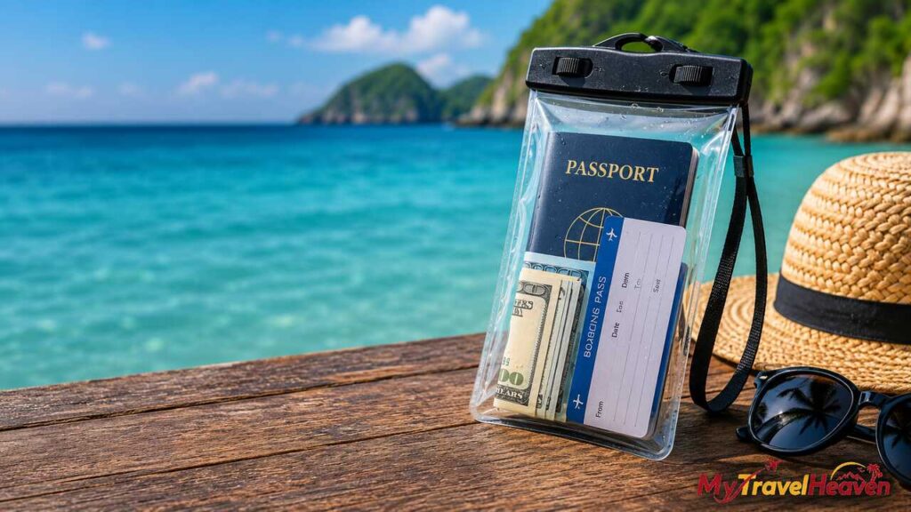 Best Waterproof Pouches for Documents When Traveling: Protect Passports, Cash, and Important Papers Best waterproof pouch for documents protecting a passport, cash, and travel papers on a tropical beach.