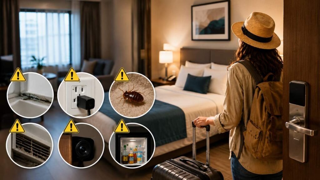 Traveler entering a hotel room with warning icons highlighting mold, unsafe outlets, bed bugs, dirty vents, hidden cameras, and minibar risks.