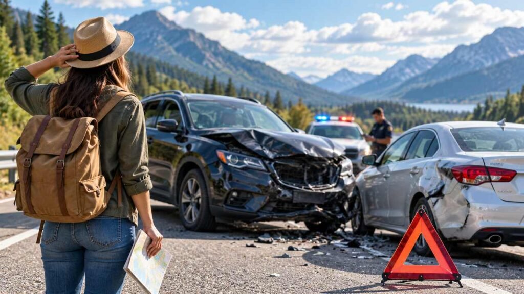 Traveler facing a car accident scene on a US mountain highway with police assistance nearby.