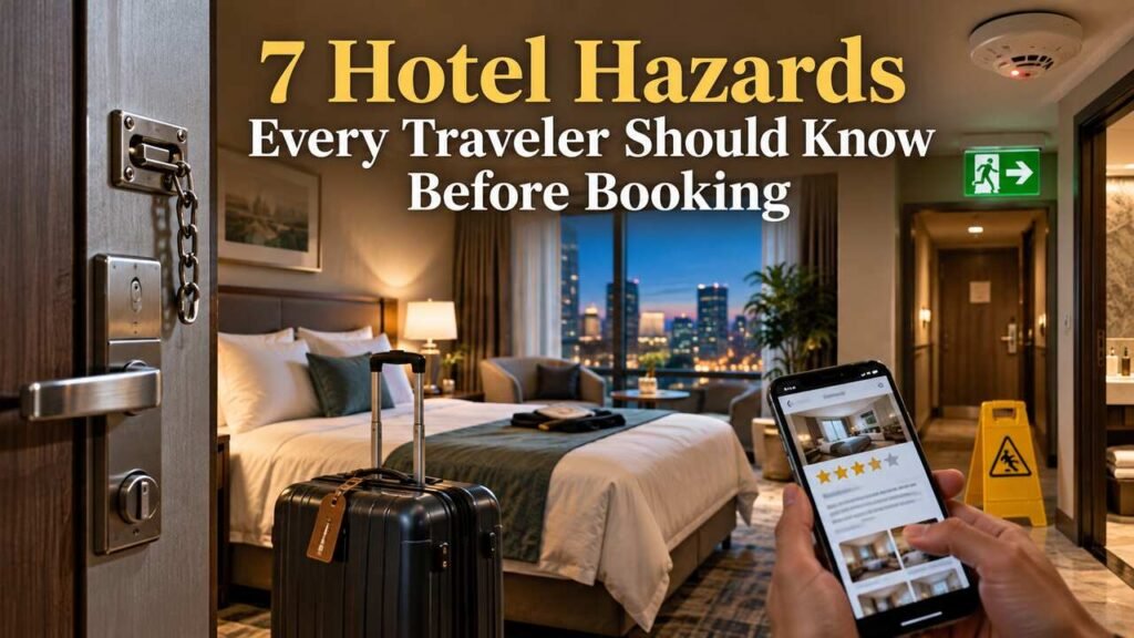 Traveler checking hotel hazards and safety features before booking