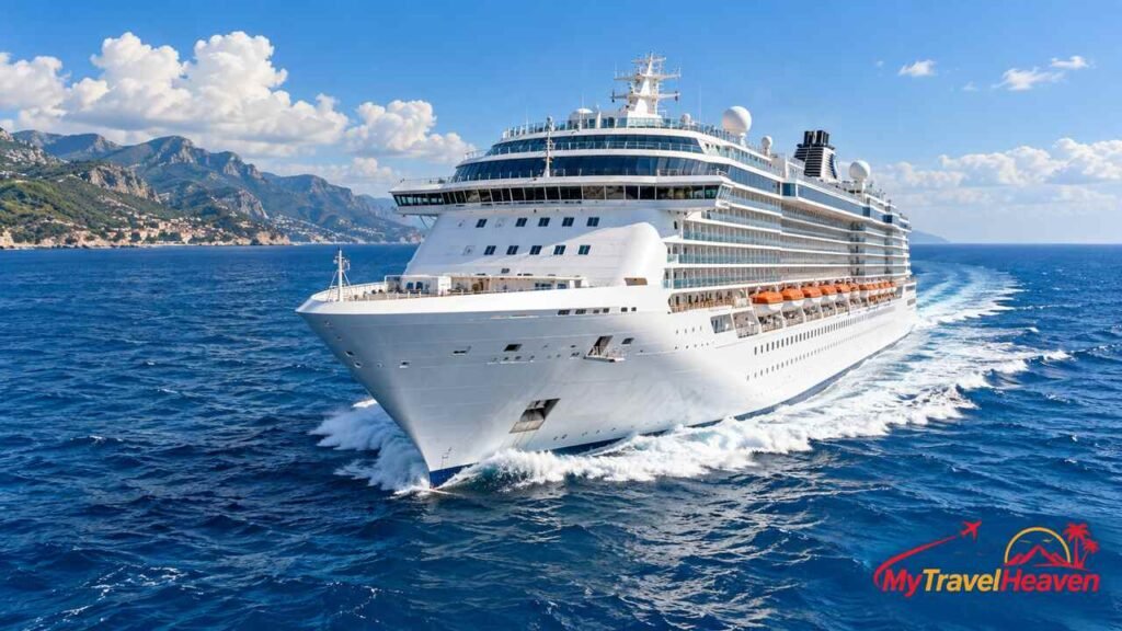 Large white cruise ship sailing through blue ocean waters near a mountainous coastline.