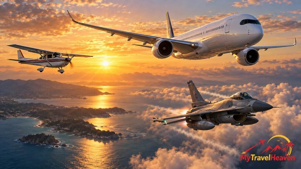 Commercial airplane, small propeller plane, and fighter jet flying over a coastline at sunset
