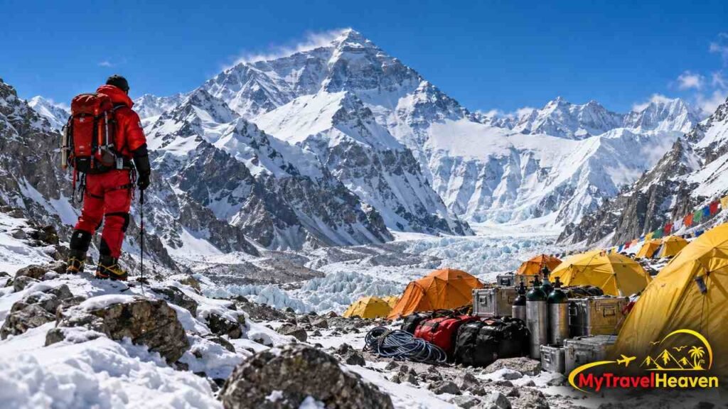 Climber at Mount Everest base camp with expedition tents, oxygen cylinders