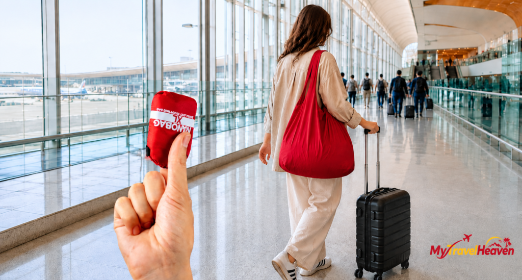 Woman walking through an airport with a rolling suitcase and red travel bag, while a hand holds a compact extra travel bag in the foreground.