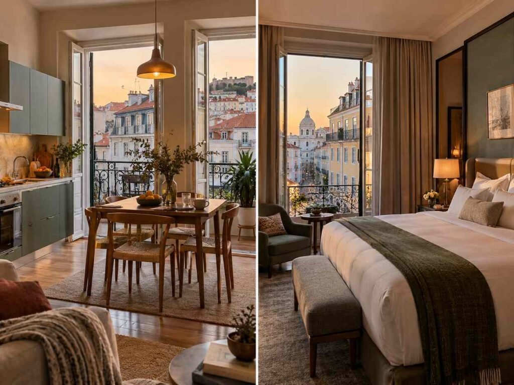 Side-by-side comparison of a stylish Lisbon apartment with a modern kitchen and a comfortable hotel room, featuring warm evening light and scenic city views.