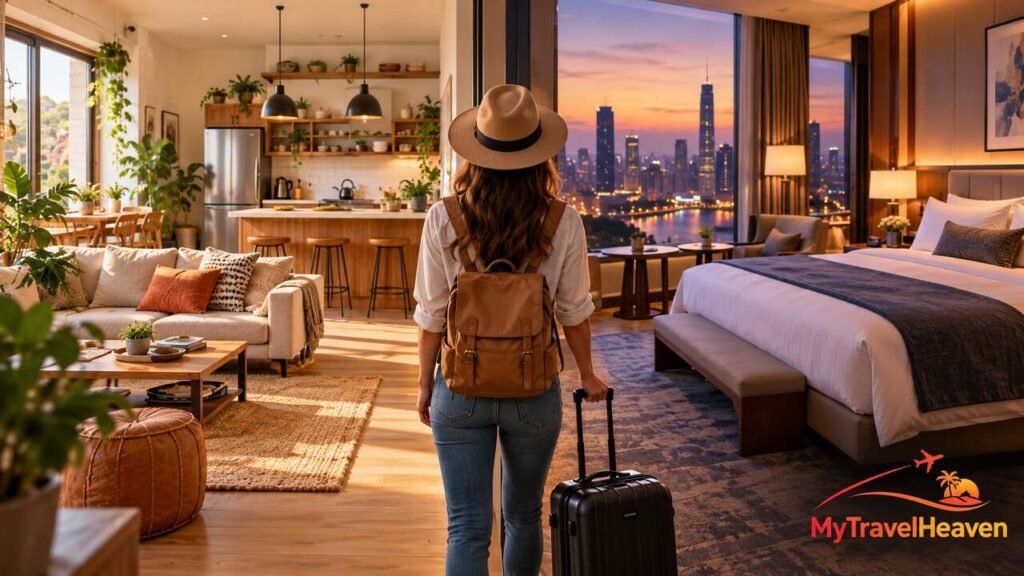 Airbnb vs Hotel comparison featuring a cozy vacation rental, luxury hotel room, and traveler with luggage.