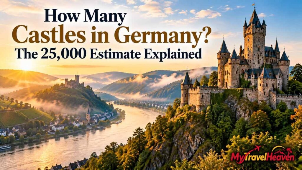 German castle overlooking a river valley, illustrating how many castles are in Germany